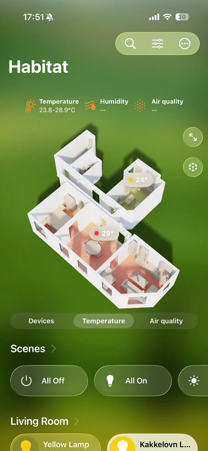 Home dashboard with the 3D model showing per-room temperature bubbles