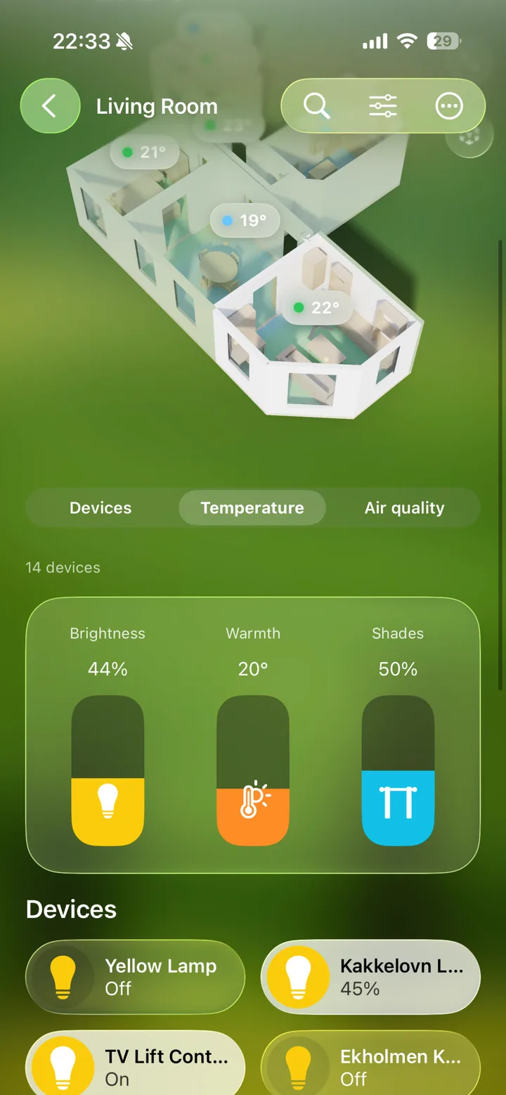 Room page with brightness, warmth, and shades controls for the Living Room