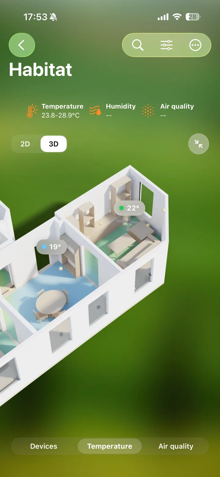 A single room focused in the 3D model with its temperature shown