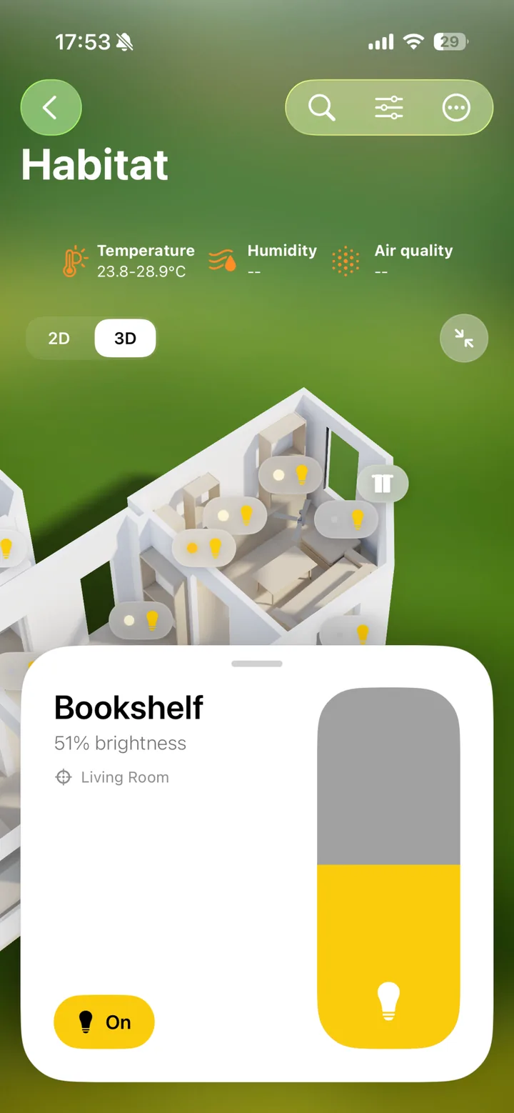 A brightness slider card for a bookshelf light over the 3D model