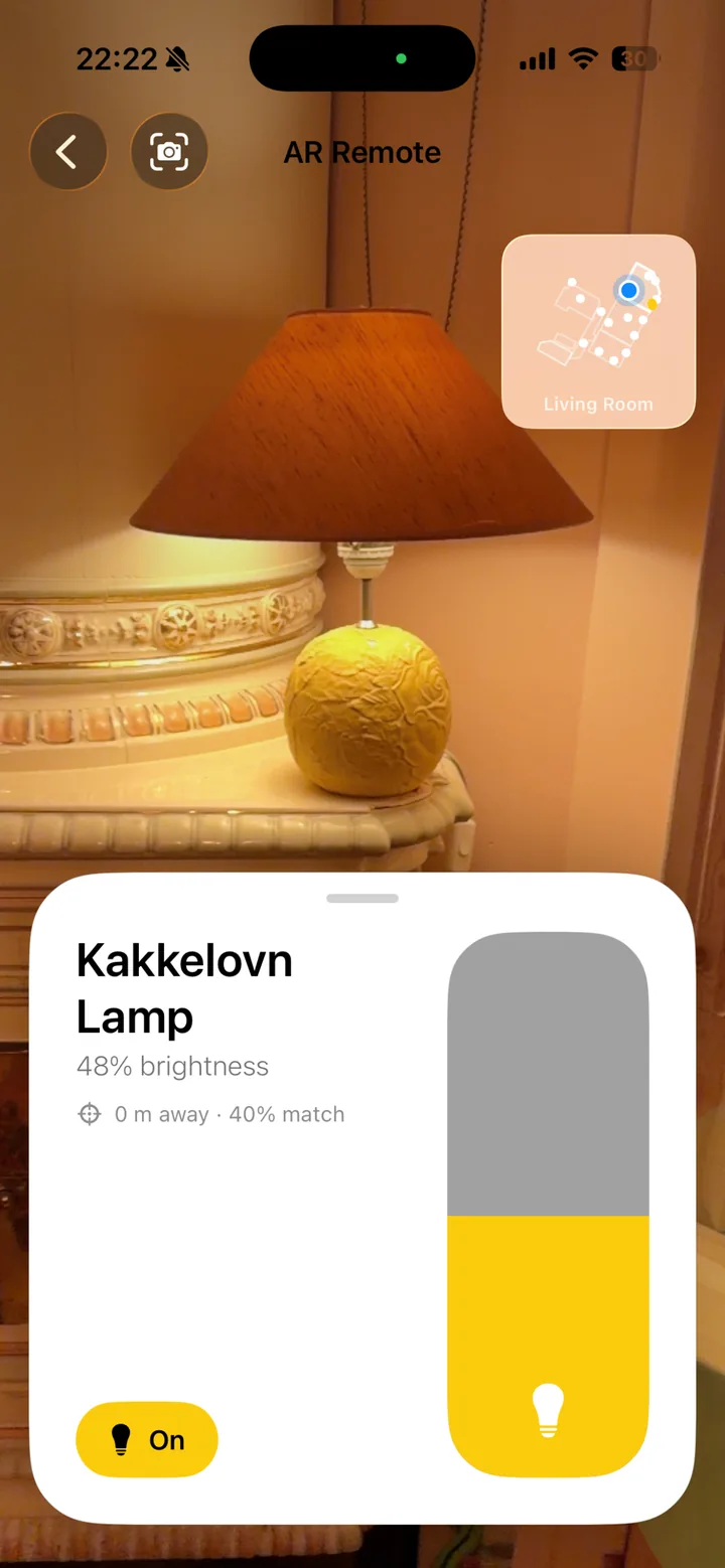 AR Remote pointing the camera at a real lamp with a control card