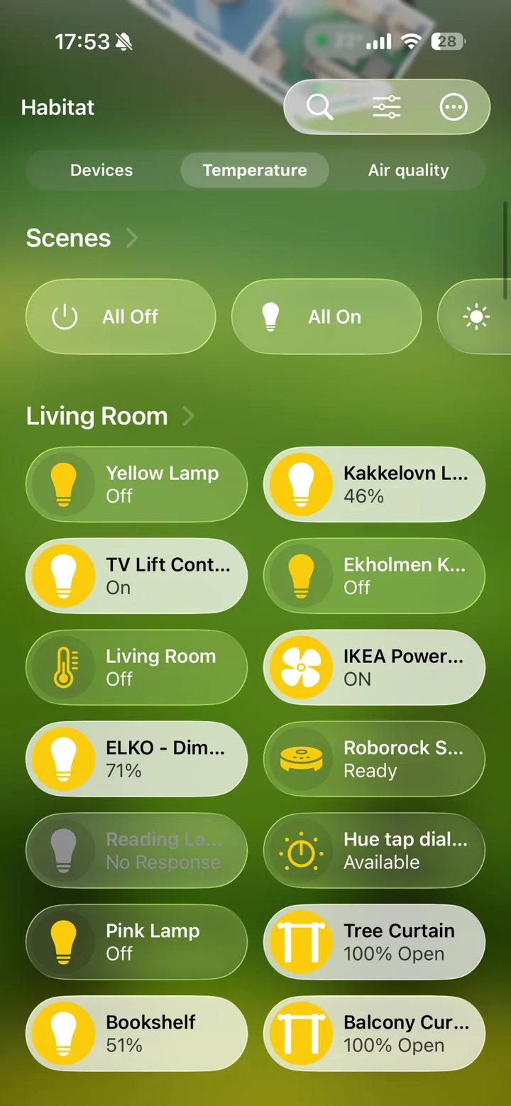 Grid of device tiles for lights, curtains, sensors, and the vacuum