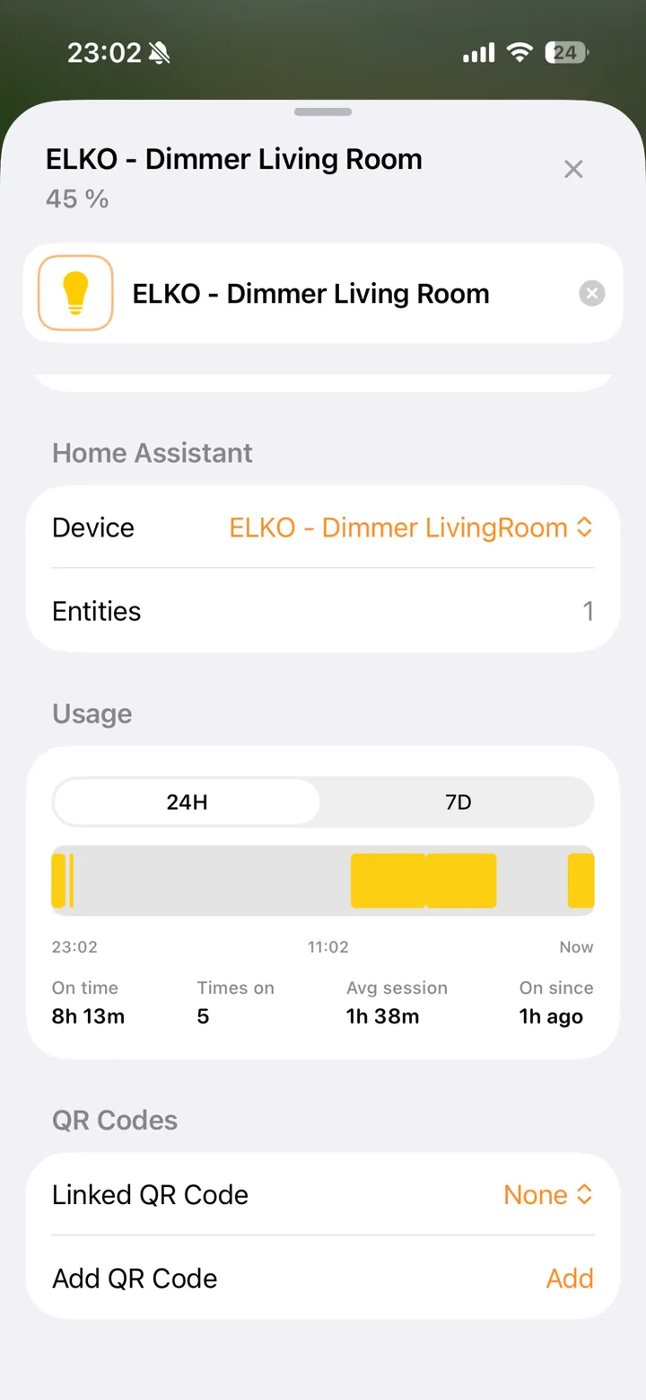Device detail sheet with Home Assistant info, usage timeline, and QR codes
