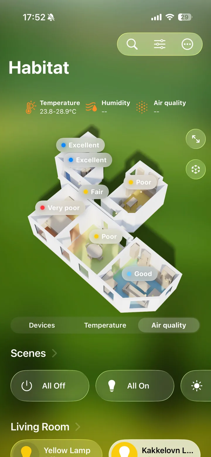 Home dashboard with the 3D model showing per-room air quality ratings