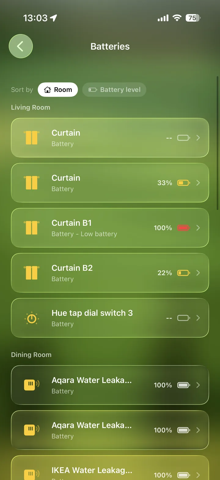 Batteries list grouped by room with charge levels and low-battery warnings