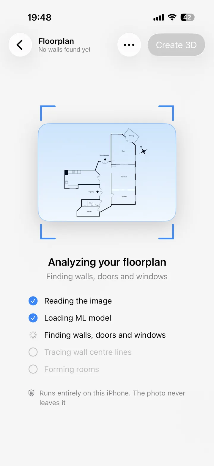 Habitat analyzing a photographed floorplan to find walls, doors, and windows