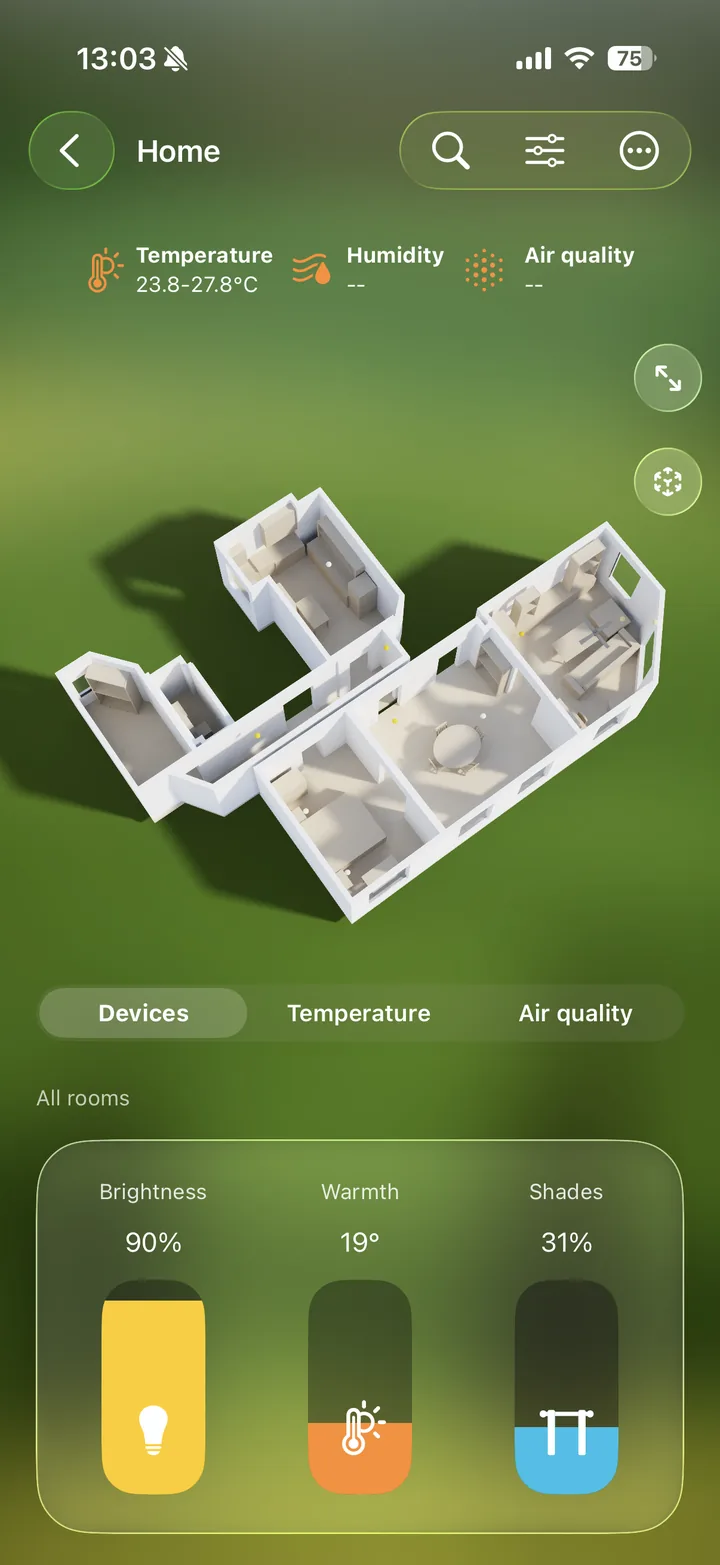 Home dashboard with brightness, warmth, and shades controls for all rooms