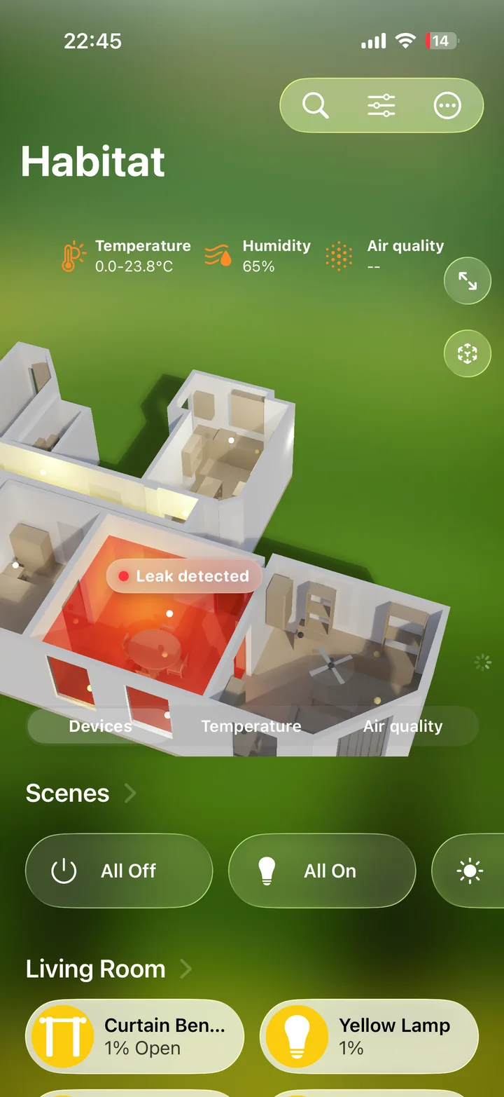 The dashboard model with one room flooded red and a Leak detected badge