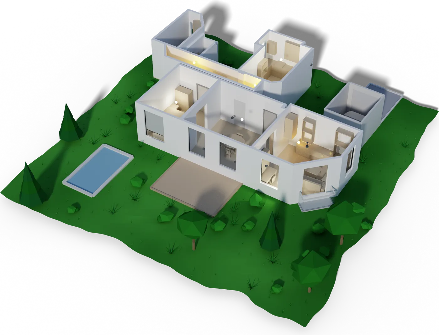 The 3D home model with its garden, pool, patio, and trees grown in around it