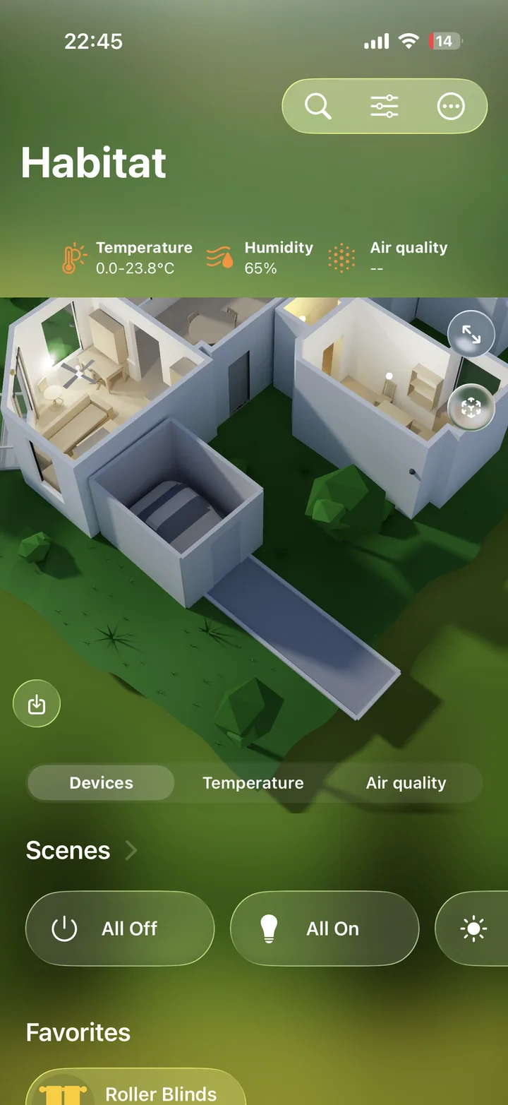 The dashboard 3D model with the garden, driveway, and garage grown in around the home