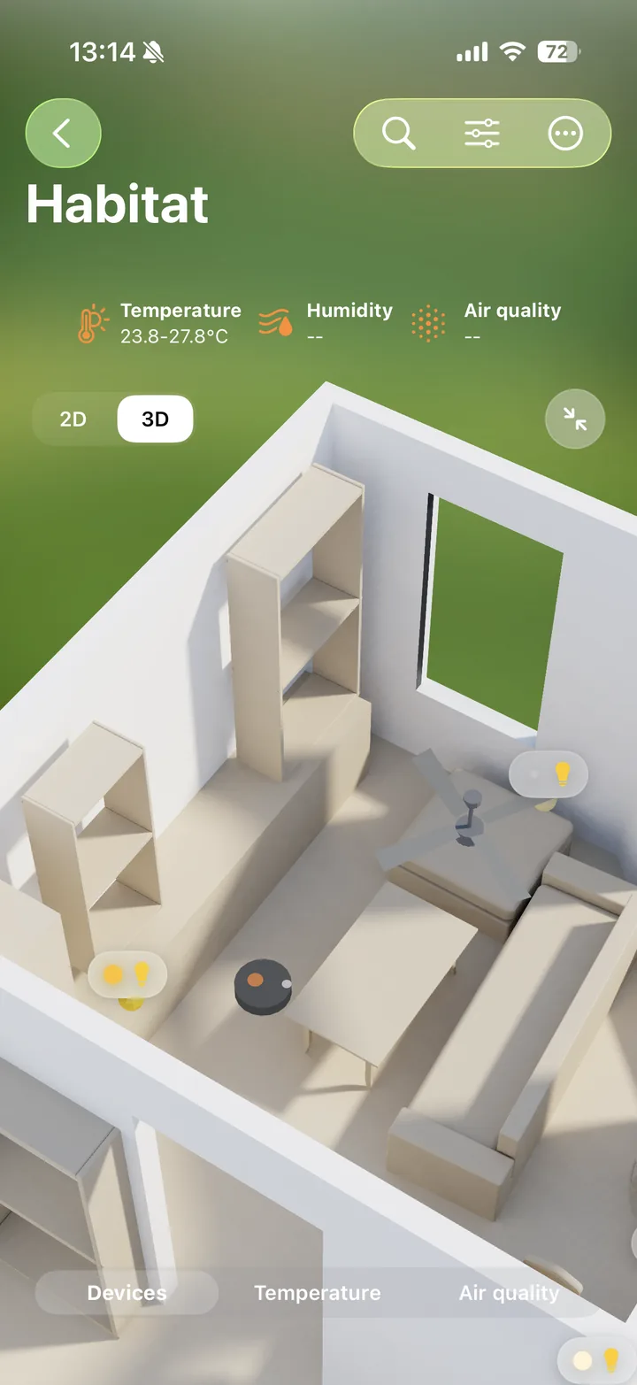 The robot vacuum moving through the scanned 3D model of a room