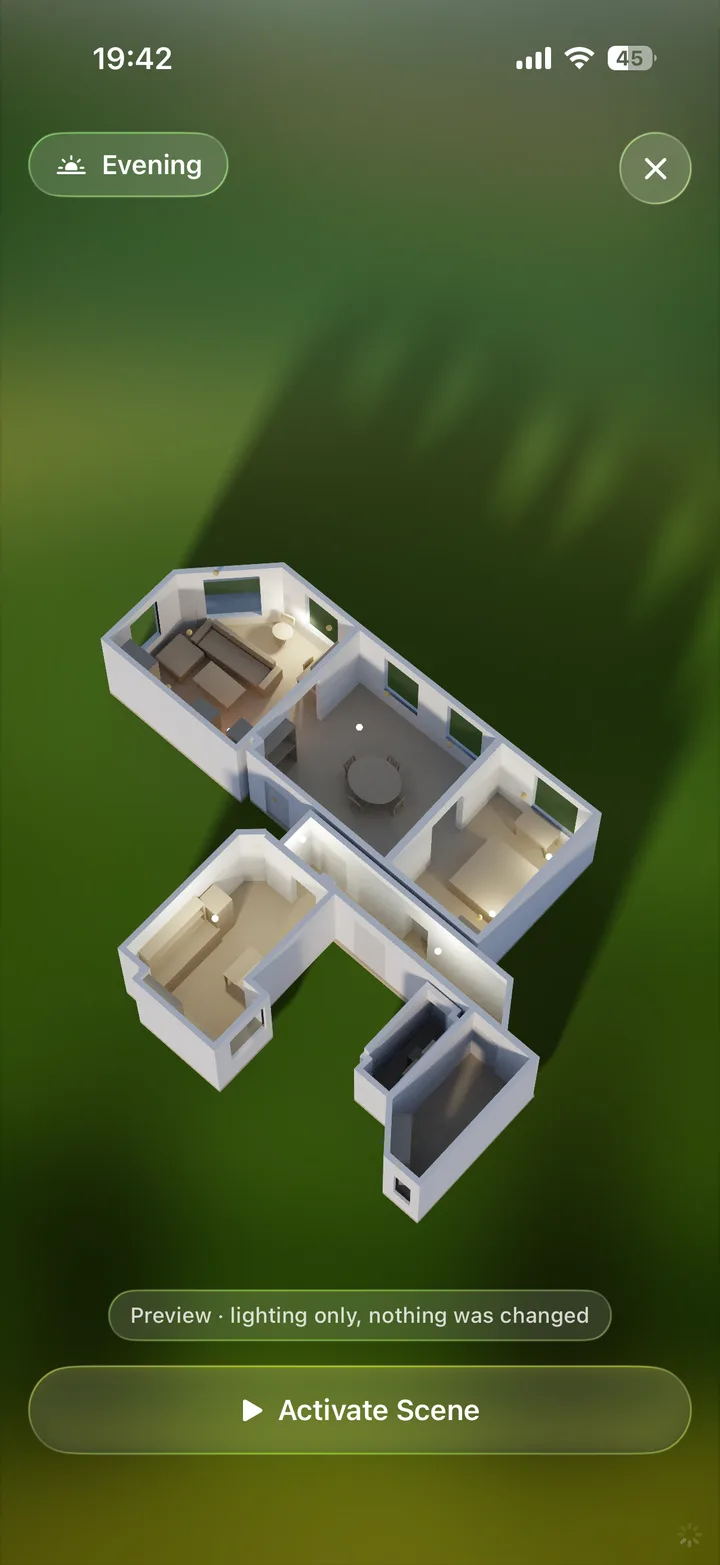 A scene preview relighting the whole 3D home before activation