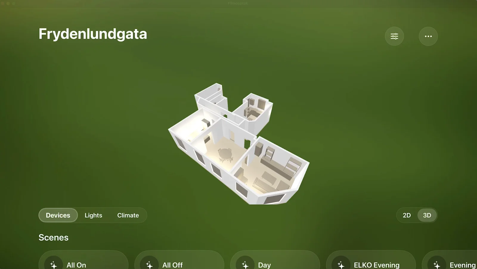 Habitat dashboard on Apple TV with the 3D home model and scenes