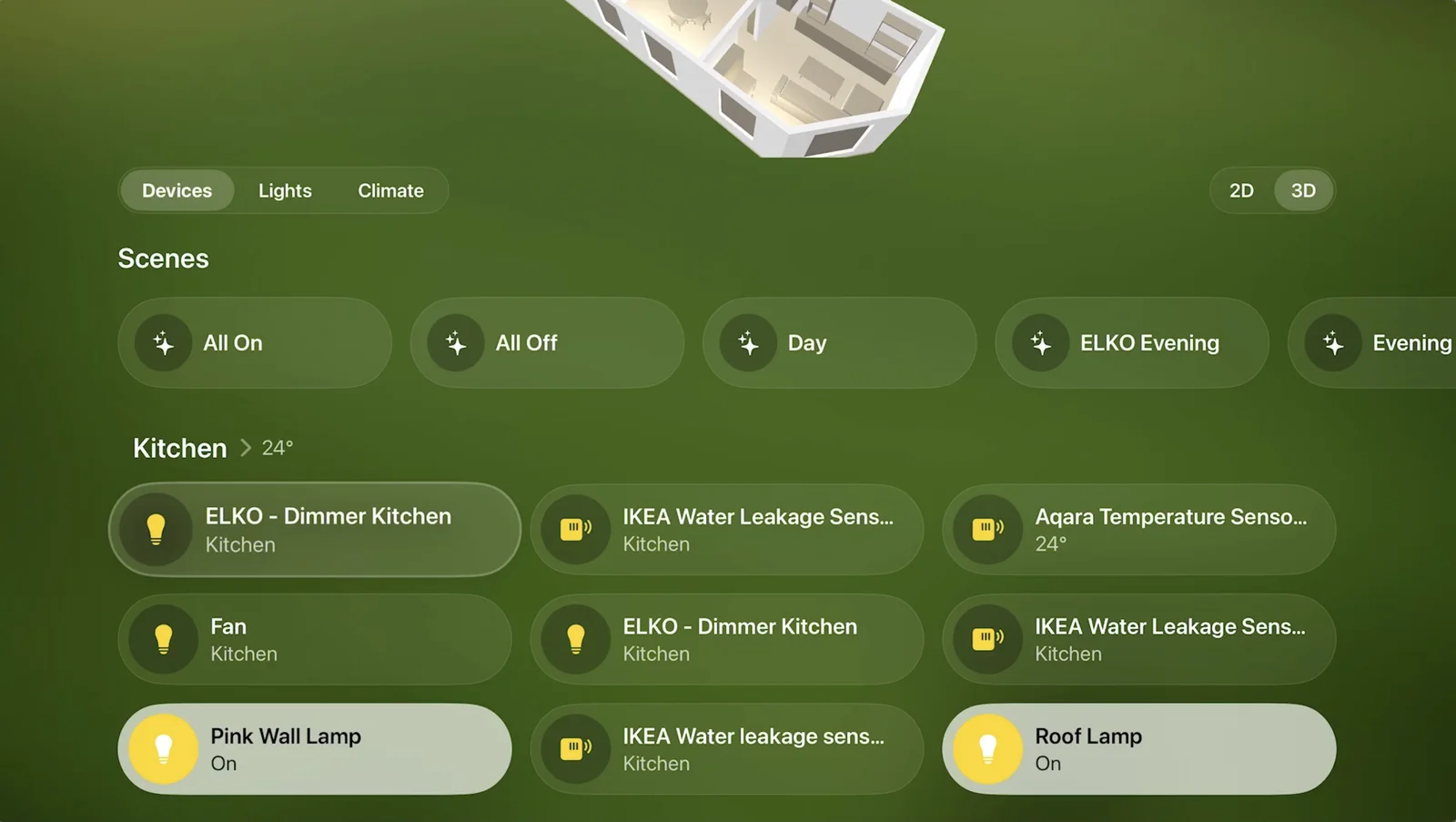 Apple TV screen with every kitchen device as a tile, plus scenes