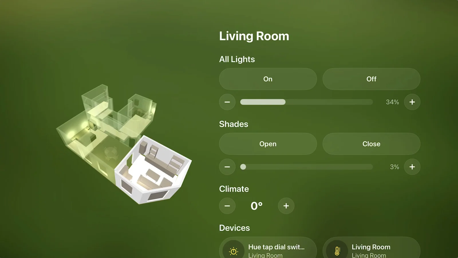 Apple TV room page with lights, shades, and climate controls for the Living Room